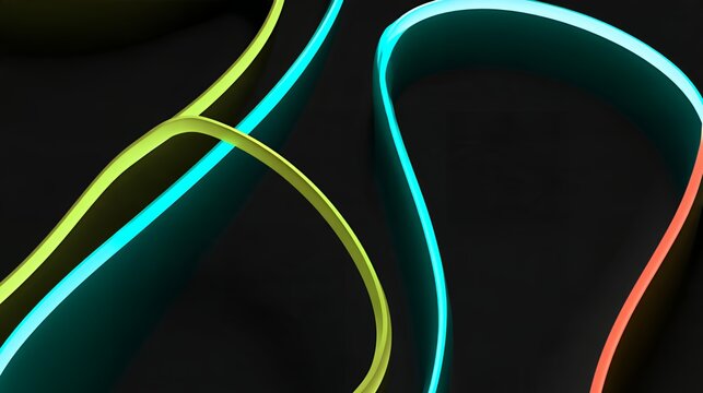 Close Up of Abstract Glowing Neon Curves in Green and Cyan on Dark Background for Modern Cyberpunk Meme Overlay Elements