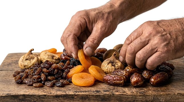 Senior person hands sorting dried fruits on wooden table