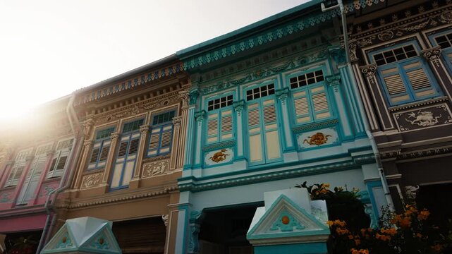 Joo Chiat Peranakan Houses - Colorful Heritage Shophouse Architecture Along The Historic Katong District Street In Singapore. - low angle, pan shot