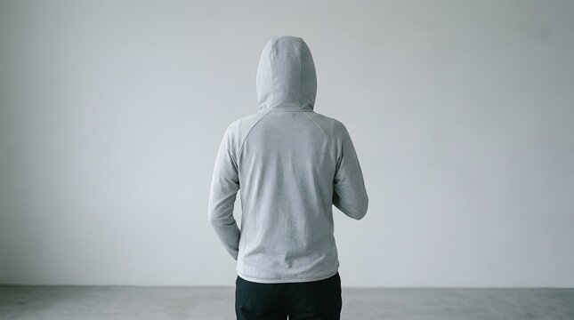 フードをかぶって佇む人物の後ろ姿