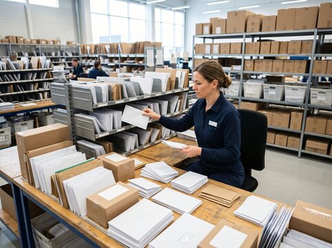 Woman meticulously sorting mail and packages at a desk in a busy mailroom or logistics facility.