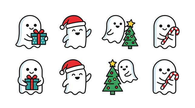 Adorable ghosts celebrating Christmas with gifts trees and candy canes