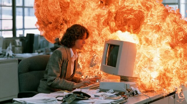 Businesswoman sitting at desk as computer explodes with sparks and debris, surprised professional facing unexpected technology failure, workplace crisis, digital security and office accident concept