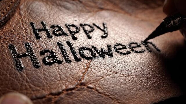 A close-up shot of a hand writing 'Happy Halloween' in black, raised lettering on a textured, brown leather surface with a specialized pen, creating a festive message.