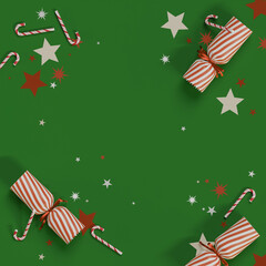 Obraz premium Christmas Background with Candy Canes, Wrapping Gifts, and Star Ornaments on Emerald Background