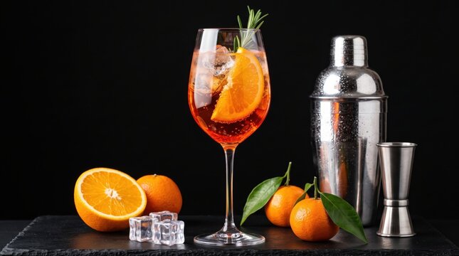 Aperol spritz cocktail in a wine glass garnished with an orange slice and rosemary sprig next to a metal shaker jigger ice cubes and fresh oranges on a dark slate surface against a black background