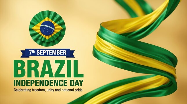 Brazil independence day with green and yellow silk ribbons and a circular flag rosette on a soft gold background featuring bold text celebrating the seventh of september national holiday