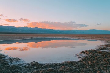 Fototapeta premium Peaceful tranquil reflection pool at sunrise over a desert landscape.