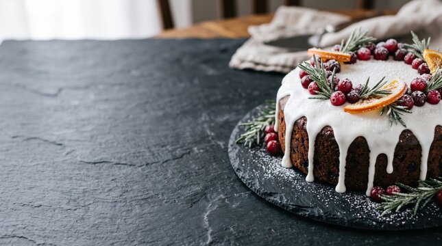 Christmas fruitcake with white icing drips topped with fresh cranberries rosemary sprigs and orange slices on a black slate board against a wooden table background