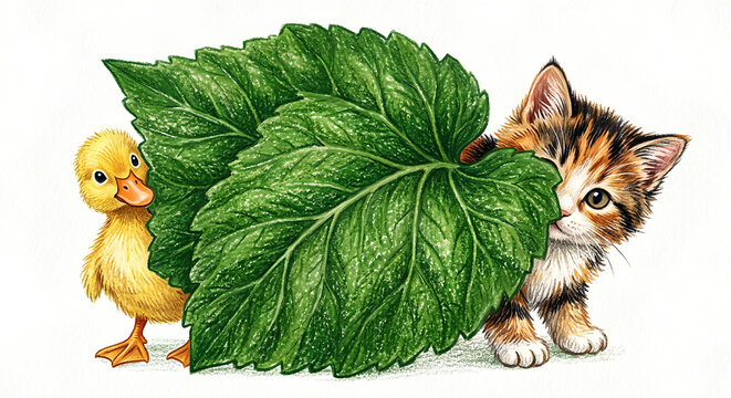 Kitten and duckling peeking from behind a large green leaf