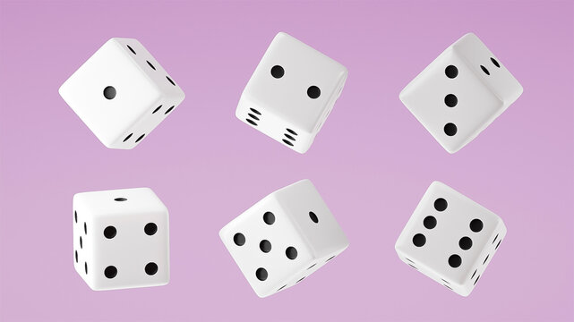 Six consecutive floating dices on Shampoo background, 6 White dices with Black dot, dices template
