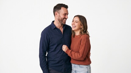 Fototapeta premium Happy Couple Laughing Together on White Background