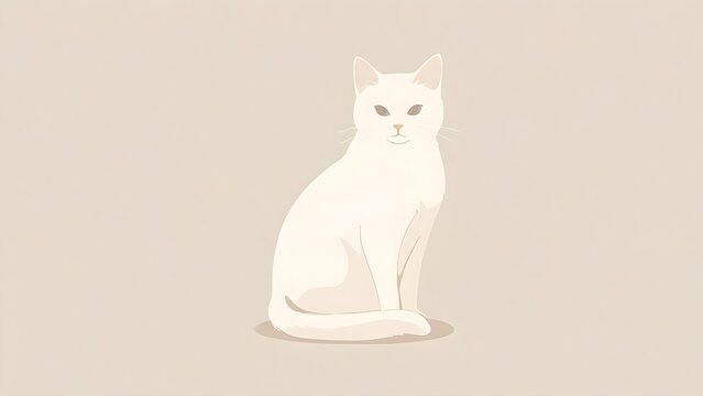 Minimalist white cat sitting and looking forward against a neutral background