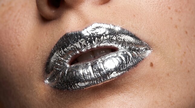Close Up of Woman Lips with Shiny Metallic Silver Lipstick and Freckles