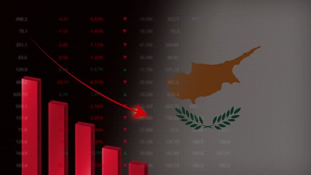 Economic crisis in Cyprus concept background.Red falling graph animation with Cyprus flag.Stock market crash