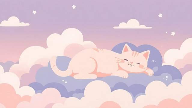 Cute cartoon cat sleeping peacefully on a fluffy cloud in a pastel sky