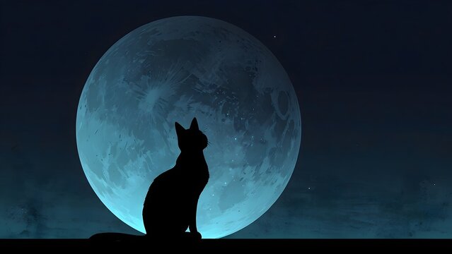 Silhouette of a cat sitting against a large full moon in a dark night sky