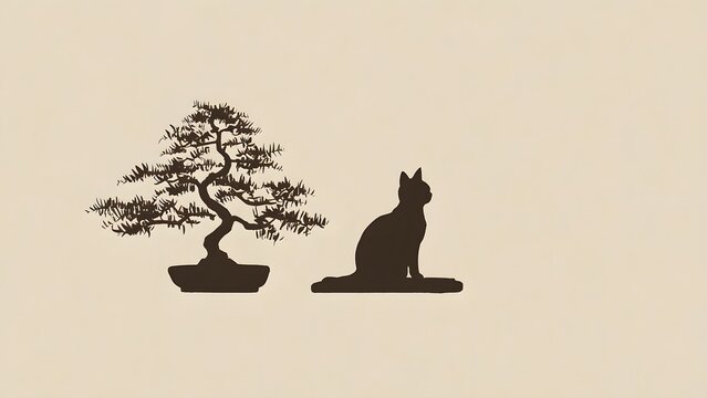 Silhouette of a cat sitting next to a bonsai tree on a beige background