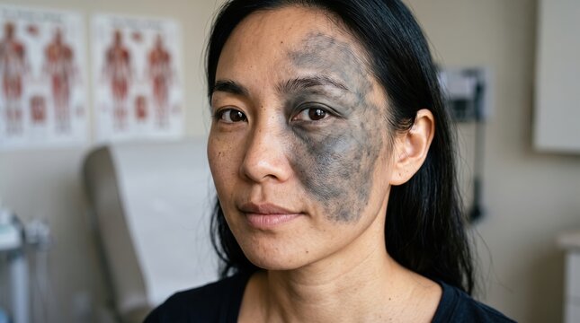 Portrait of Asian Woman with Nevus of Ota Hyperpigmented Birthmark on Face