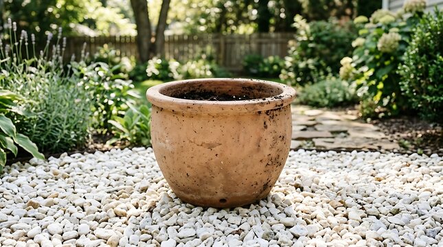 Empty terracotta flower pot standing on white garden gravel outdoors