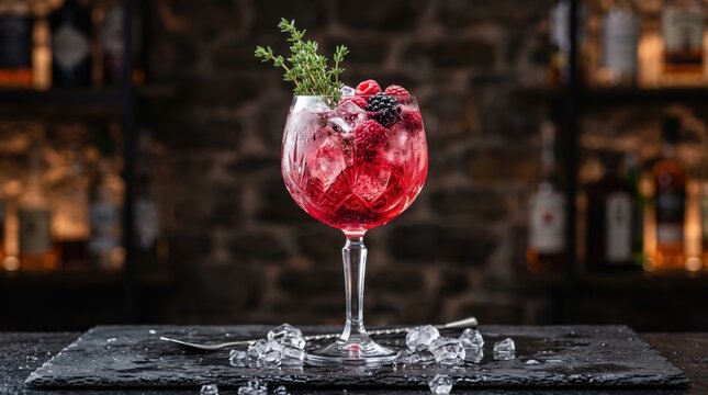 Red berry gin and tonic cocktail in a crystal glass with ice cubes fresh raspberries blackberries and a sprig of green thyme on a dark slate surface with a bar spoon and blurred bottle background