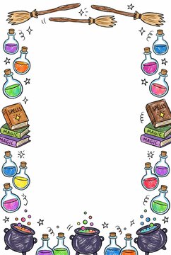 Hand drawn vintage potion bottles and magic autumn vertical border frame in crayon style