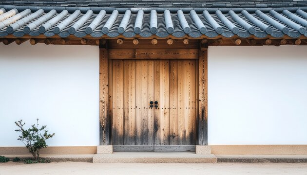 Closed wooden gate in a white Korean hanok wall with tile roof