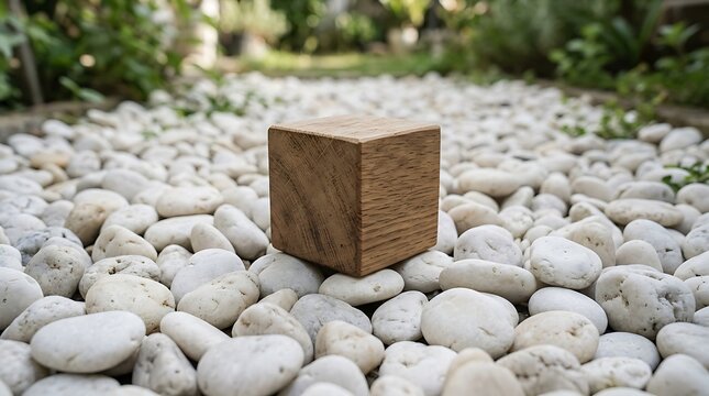 Wooden cube podium on white pebble stone background for product presentation