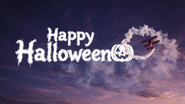 An airplane skywriting 'Happy Halloween' with a pumpkin design against a purple and blue twilight sky.