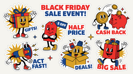 Fototapeta premium Retro Black Friday sale event sticker set, vintage cartoon mascot characters for retail promotion, nostalgic rubber hose style marketing elements