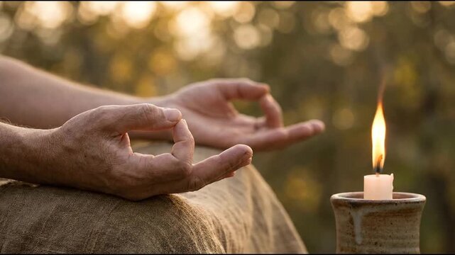 Close up of hands in meditation mudra pose with a burning candle in nature.