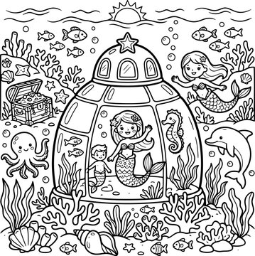 Cute mermaid family inside an underwater dome with sea creatures, coloring page for kids