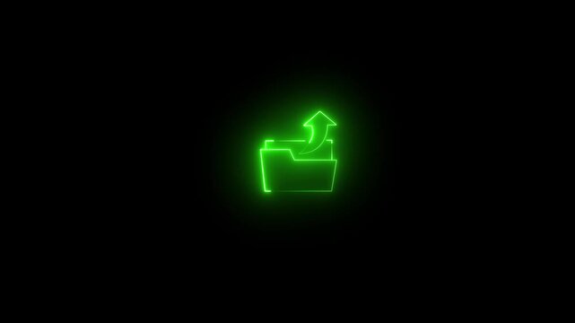 Glowing green neon folder icon with an upward arrow representing file upload and data export on black background.
