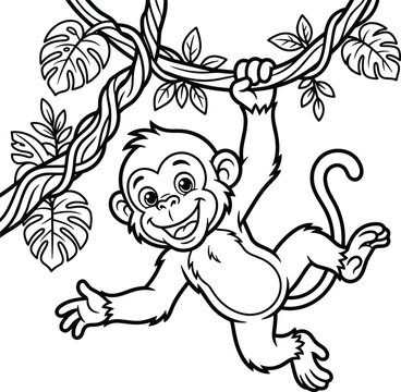 Cute cartoon black and white line art vector illustration of a happy little monkey swinging on jungle tree vine for kids coloring book page