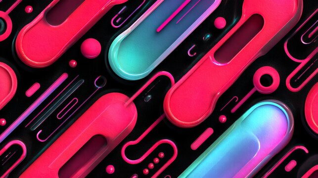 Abstract 3d neon pill shapes and hardware components on dark background, futuristic cyberpunk circuit overlay element for tech design.