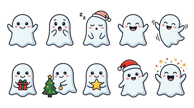 Cute cartoon ghosts with holiday themes in various cheerful expressions and poses