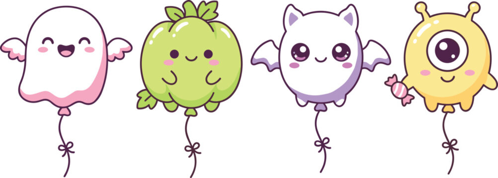 Cute cartoon vector illustration icon set of friendly Halloween balloons shaped like ghost pumpkin bat and cyclops monster