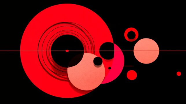 Minimalist abstract geometric composition with glowing red circles and lines on black background, constructivist graphic overlay element.