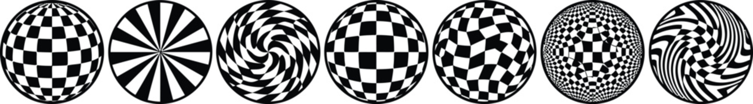 Optical illusion sphere set, 7 black and white geometric globes with checkered and spiral patterns, abstract circular vector elements for graphic design
