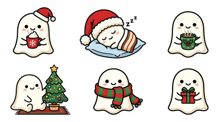 Fototapeta premium Cute Christmas ghosts enjoying winter holiday activities with festive drinks and gifts