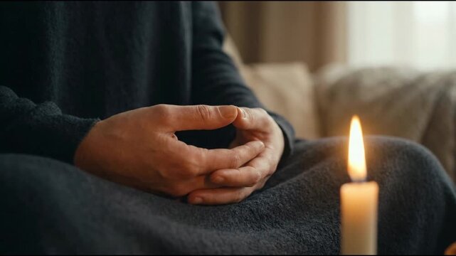 Person meditating at home with hands in dhyana mudra next to a lit candle.