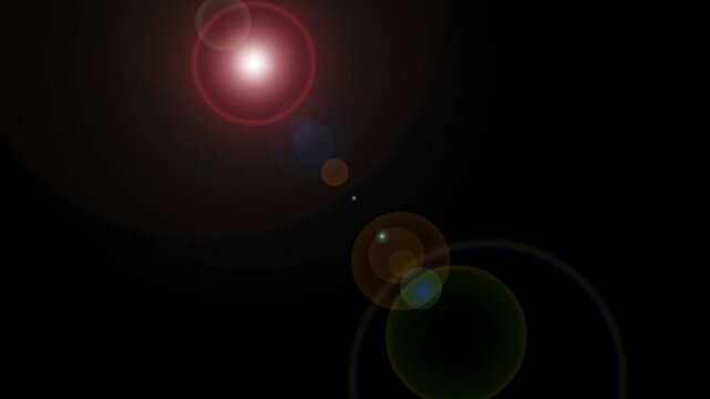  Red lens flare orb with ring reflections drifting subtly, seamless loop on black background, cinematic optical glow motion graphics overlay for logo reveals, intros, and transitions