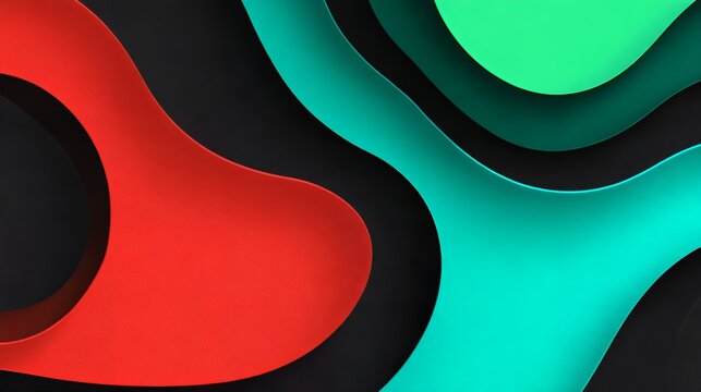Vibrant red and teal green fluid organic 3d waves overlapping on dark background for creative meme overlays and abstract designs