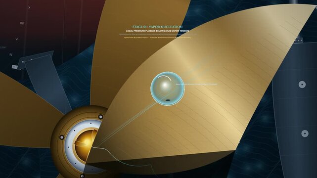 Detailed animation of cavitation bubble collapse on a ship propeller, illustrating vapor nucleation, asymmetric involution, hypersonic micro-jet impact, and metal spalling leading to pitting damage