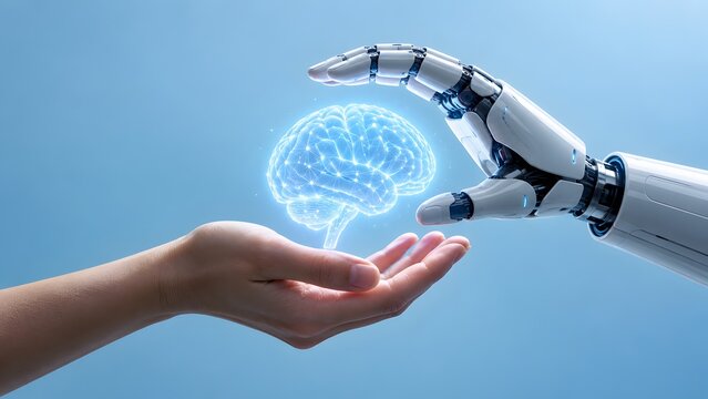 Futuristic concept of human and robot hand interacting with a glowing digital brain representing machine learning