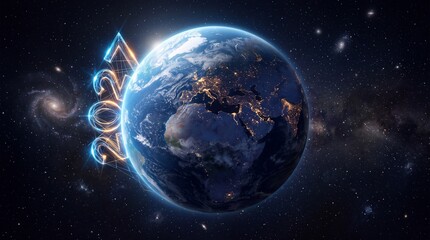 Obraz premium A stunning view of planet Earth from space with the year 2027 glowing in the dark universe