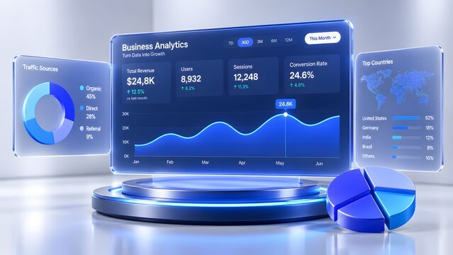 Futuristic 3D business analytics dashboard with glowing charts graphs data visualization and financial statistics interface