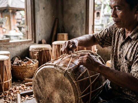 Traditional Indonesian Kendang Drum Making Craftsmanship Photography