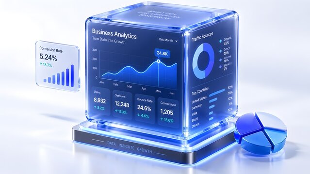 Futuristic 3D transparent glass cube displaying glowing blue business analytics dashboard with data graphs charts and traffic statistics