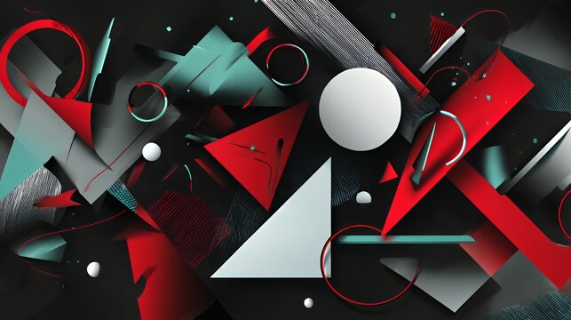 Chaotic 3d geometric composition with floating triangles circles and grids in black red and teal for dynamic meme overlays